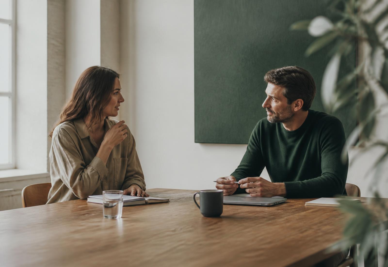 Two colleagues in quiet conversation in a bright room