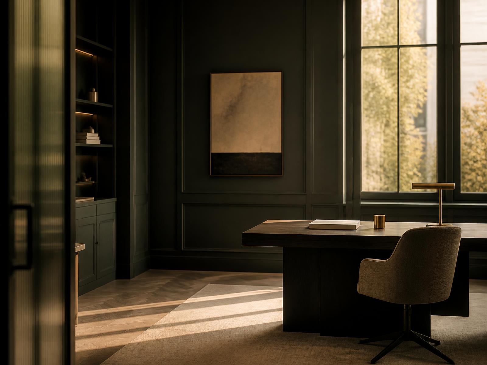 A quiet, softly lit office interior